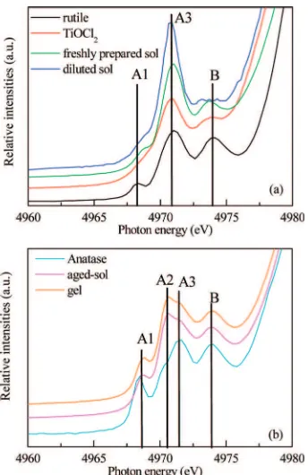 Figure 6. Titanium K-edge XANES spectra: (a) TiO2 rutile, TiOCl2,“TiDMF” freshly prepared sol ([Ti4+] ) 1.42 mol L-1) and diluted sol([Ti4+] ) 0.1 mol