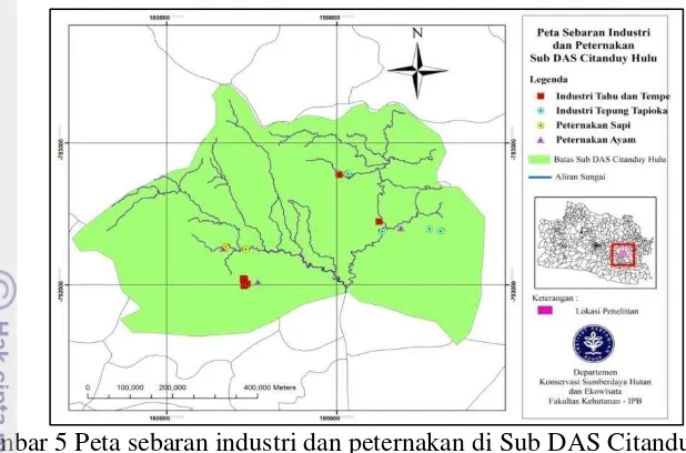 Gambar 5 Peta sebaran industri dan peternakan di Sub DAS Citanduy Hulu.  bertempat di pinggir sungai seperti indutri tepung tapioka dan industri tahu tempe yang jumlahnya 5 dan 21