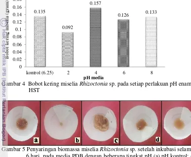 Gambar 4  Bobot kering miselia Rhizoctonia sp. pada setiap perlakuan pH enam  