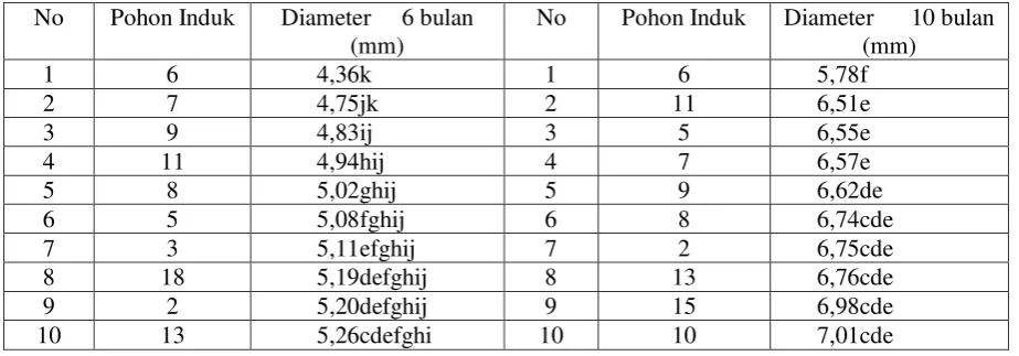 Tabel 5.  Uji jarak berganda Duncan  untuk variabel diameter     