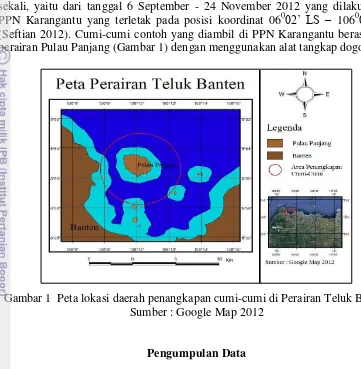 Gambar 1  Peta lokasi daerah penangkapan cumi-cumi di Perairan Teluk Banten 