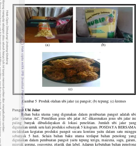 Gambar 5  Produk olahan ubi jalar (a) pangsit; (b) tepung; (c) kremes 