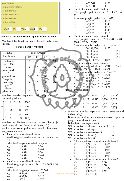 Gambar 3 Tampilan Sistem Inputan Bobot Kriteria  
