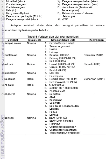Tabel 5 Variabel dan alat ukur penelitian 