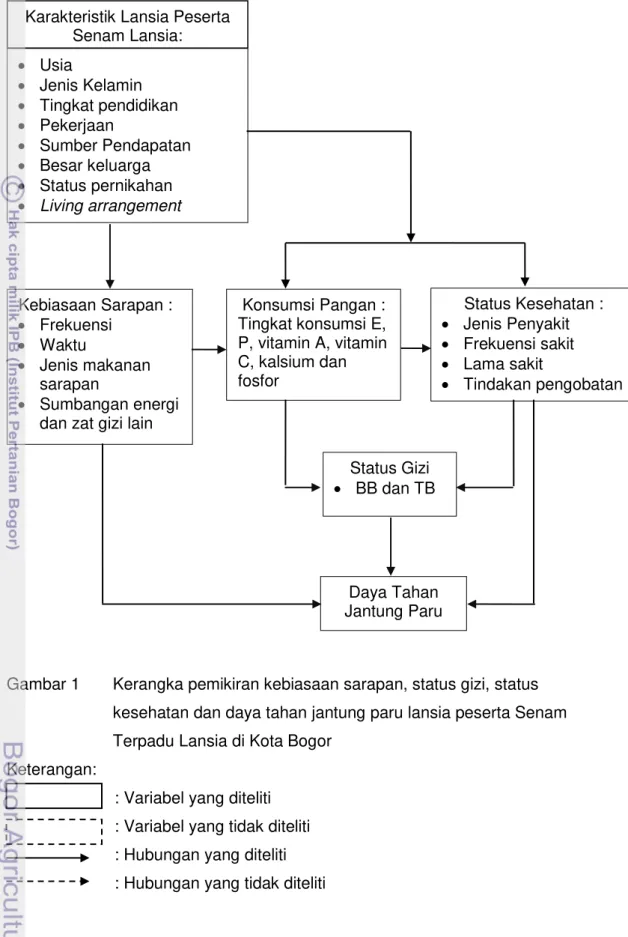 Gambar 1  Kerangka pemikiran kebiasaan sarapan, status gizi, status  kesehatan dan daya tahan jantung paru lansia peserta Senam  Terpadu Lansia di Kota Bogor 