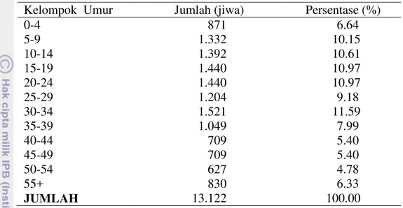 Tabel 4    Sebaran penduduk Desa Ciomas berdasarkan usia tahun 2010  Kelompok  Umur  Jumlah (jiwa)  Persentase (%) 