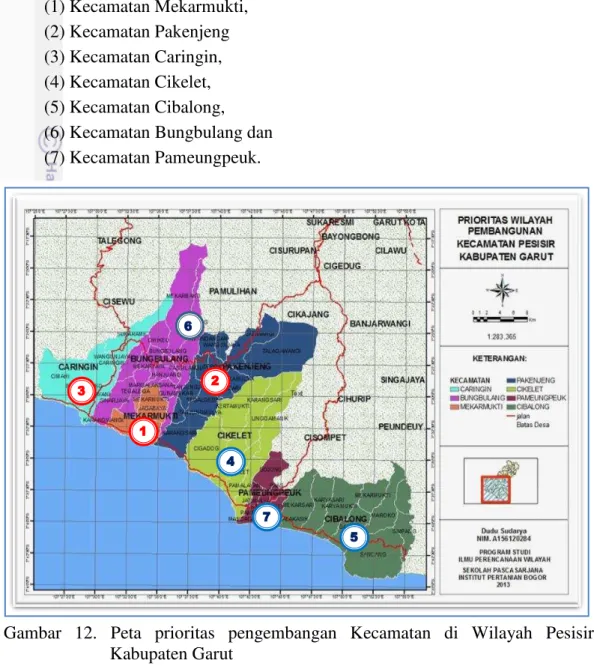 Gambar  12.  Peta  prioritas  pengembangan  Kecamatan  di  Wilayah  Pesisir  Kabupaten Garut 1234 567