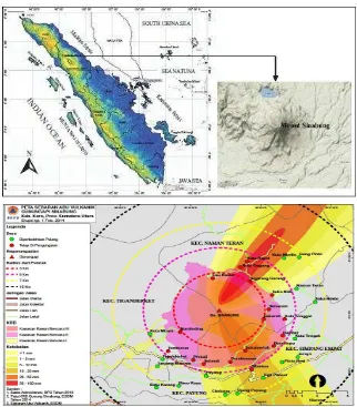 Gambar 4. Peta Lokasi Penelitian dan Sebaran Abu Vulkan  Gunung Sinabung Tanah Karo,            Sumatra Utara   (Sumber:   