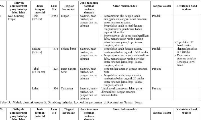 Tabel 2.  Matrik dampak erupsi G. Sinabung terhadap komoditas pertanian  di Kecamatan Simpang Empat 