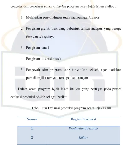 Tabel. Tim Evaluasi produksi program acara Jejak Islam 