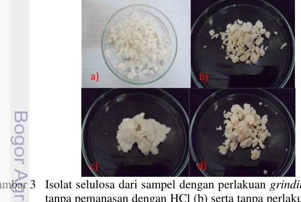 Gambar 3 Isolat selulosa dari sampel dengan perlakuan  grinding dengan (a) dan 