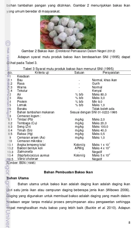 Tabel 3 Syarat mutu produk bakso ikan menurut SNI (1995) 