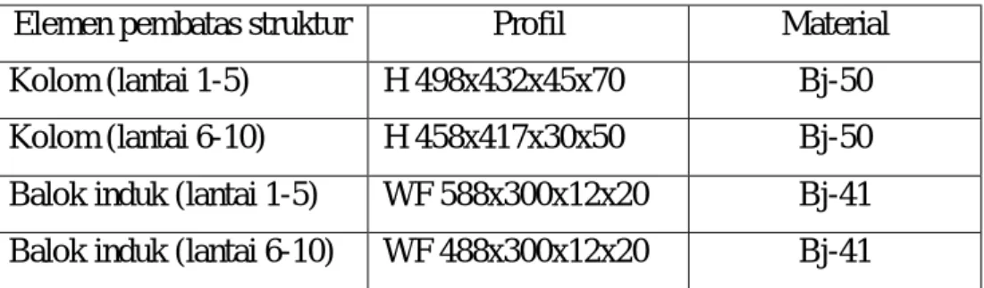 Tabel 3.1:  Profil dan material elemen pembatas struktur. 