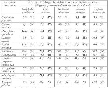 Table 6. Percentage of weight loss and its resistance class of outer part logs of tree II
