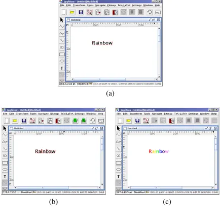 Figure 8.32: Splitting a text area: (a) original text area; (b) split and ungroup; (c) apply separate colors to each of the new text areas.