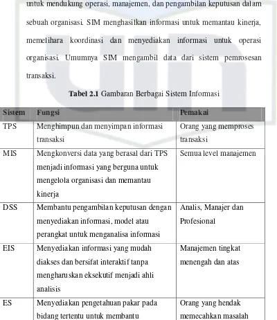 Tabel 2.1 Gambaran Berbagai Sistem Informasi 