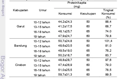Tabel 15 Jumlah rata-rata konsumsi serta kecukupan protein/kapita berdasarkan 