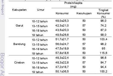 Tabel 17  Jumlah rata-rata konsumsi serta kecukupan protein/kapita berdasarkan 