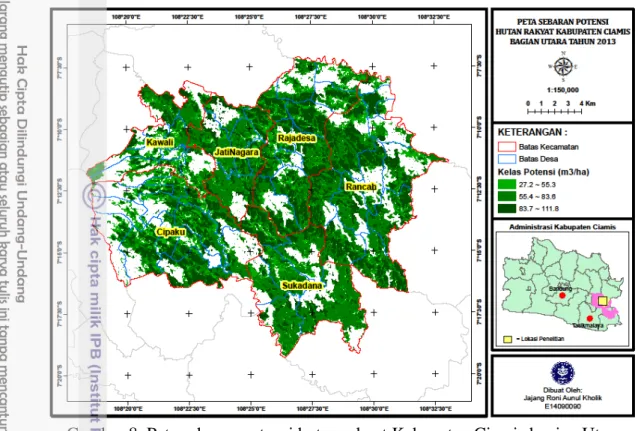Tabel 15  Volume tegakan hutan rakyat menggunakan model terpilih pada tiap  desa di Kabupaten Ciamis bagian Utara tahun 2013 