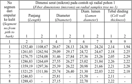 Table 2.  Average of fiber dimension  from pith to bark of mangium tree no. 1 radial 1  contoh uji radial 1 dan 2 ketinggian  batang  5% sample no 1 and 2  at 5% height levels 
