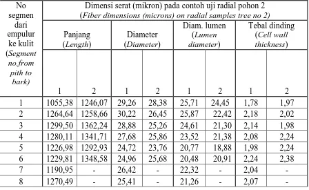 Table 3.  Average of fiber dimensions from pith to bark of  mangium tree no. 2 radial sample no 1 and 2 at 5% height levels  