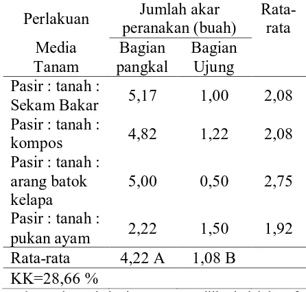 Tabel 4. Pengaruh beberapa media tanam terhadap jumlah akar anakan setek   
