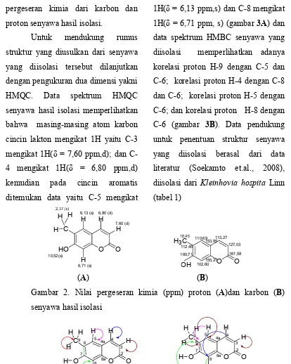 Gambar 3. Korelasi HMQC (A) dan HMBC (B) senyawa hasil isolasi