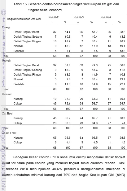 Tabel 15  Sebaran contoh berdasarkan tingkat kecukupan zat gizi dan 