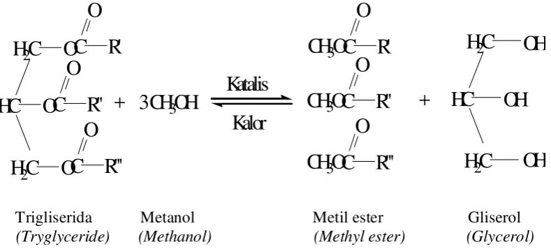 Figure 2.  Transesterification reaction of triglyceride with methanol 