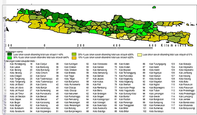 Gambar 8. Persentase Luas Lahan Sawah terhadap Luas Wilayah Kabupaten/Kota di Jawa pada Tahun 1994 