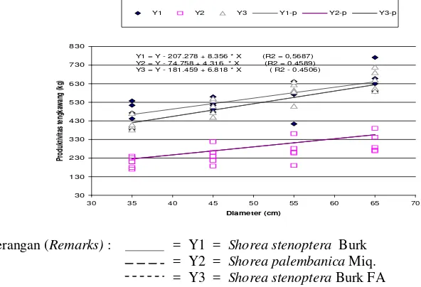 Gambar 2.  Grafik hubungan antara diameter pohon dan produktivitas pohon penghasil biji tengkawang di Sanggau Figure 2