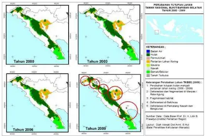 Gambar (Figure) 3.   Peta perubahan tutpan lahan TNBBS tahun 2000-2009 (Bukit Barisan Selatan NP Landcover Change) 