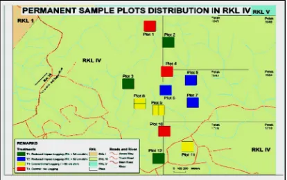Gambar ( Figure) 1. Sebaran plot di  Hutan Penelitian Labanan Kalimantan Timur (Distribution of plots at   Forest Research in Labanan, East Kalimantan) 