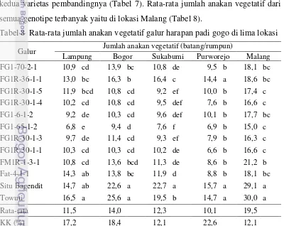Tabel 8  Rata-rata jumlah anakan vegetatif galur harapan padi gogo di lima lokasi  