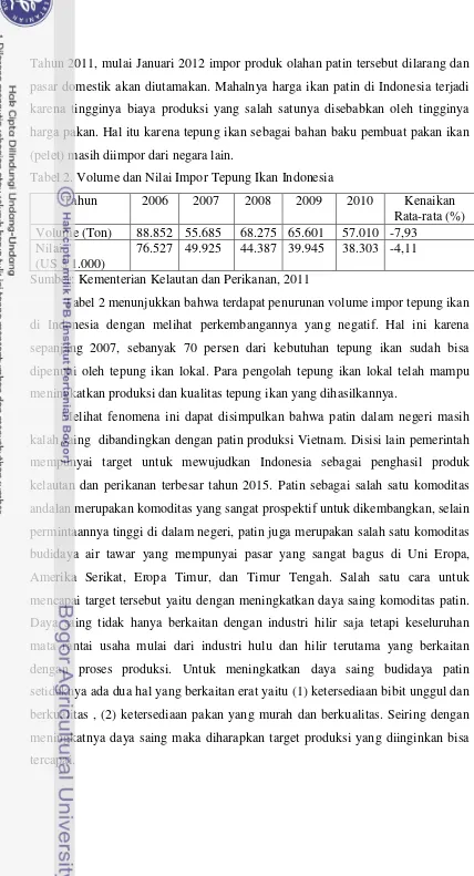 Tabel 2. Volume dan Nilai Impor Tepung Ikan Indonesia 