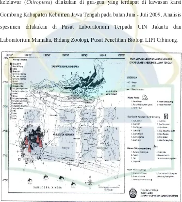 Gambar 3. Peta lokasi penelitian (Badan Survey Geologi Nasional, 2004)          Ket:      Lokasi pemasangan perangkap di sekitar mulut gua  3.2