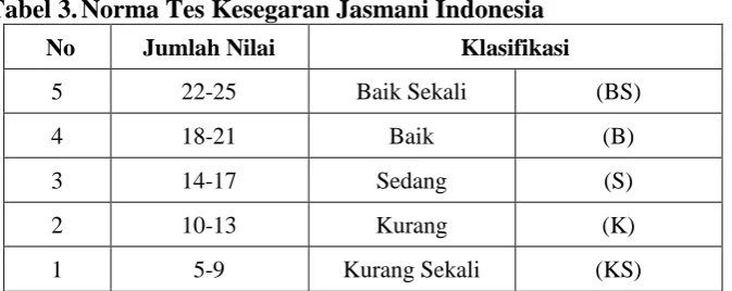 Tabel 3. Norma Tes Kesegaran Jasmani Indonesia  