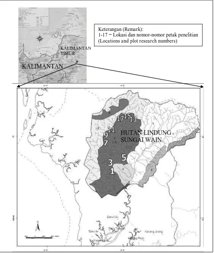 Gambar (Figure) 1. Peta lokasi petak-petak penelitian di Hutan Lindung Sungai Wain (Map of the research plots in Sungai Wain Protection Forest)  