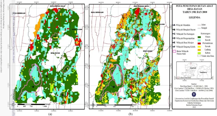 Gambar 4  Penutupan hutan adat Desa Bayan tahun 1981 dan 2000 (a) Penutupan hutan adat Desa Bayan tahun 1981 (b) Penutupan hutan adat 