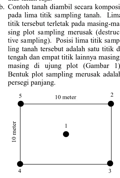 Gambar (Figure) 1.  Disain titik-titik (1, 2, 3, 4, dan 5) pengambilan sampel tanah (Design of sampling soil at point 1, 2, 3, 4 and 5) 