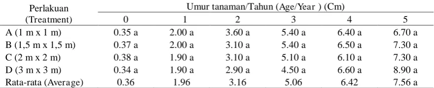Tabel (Table) 1. Rata-rata pertumbuhan diameter S. parvifolia pada empat perlakuan jarak tanam sampai umur lima tahun (The mean of diameter growth of S