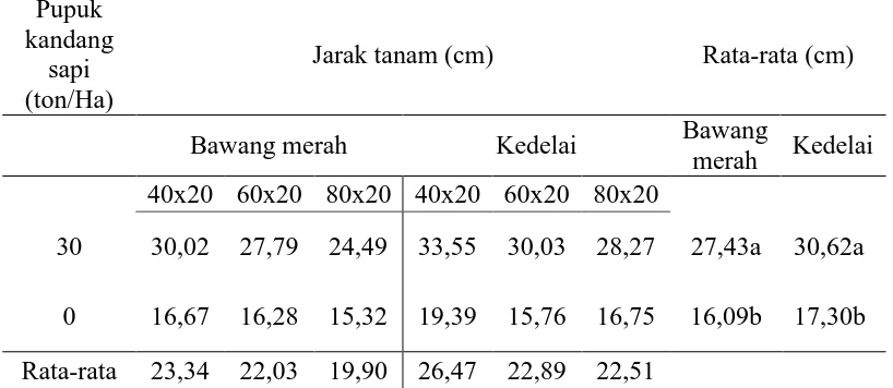 Tabel 1. Tinggi tanaman bawang merah dan kedelai pada pemberian pupuk kandang sapi dan jarak tanam dalam sistem tumpang sari pada umur 5 MST