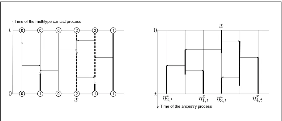 Figure 1: On the left, we have the multitype contact process starting from ξfollowing a Harris constructionevolution of the 1’s and dashed lines represent the evolution of the 2’s