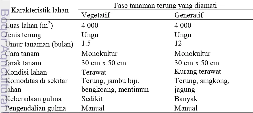 Tabel 1  Karakteristik lahan pertanaman terung fase vegetatif dan fase generatif 