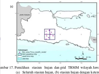 Gambar 17. Pemilihan   stasiun   hujan  dan grid  TRMM  wilayah Jawa Timur