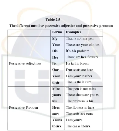 Table 2.5 The different member possessive adjective and possessive pronoun 