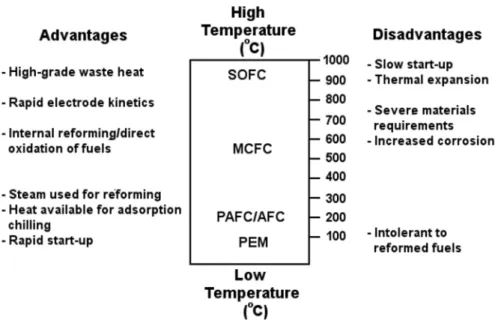 Figure 1.3. Fuel cell types and their advantages and disadvantages [8]. (Reproduced by  permission of ECS–The Electrochemical Society, from Perry ML, Fuller TF