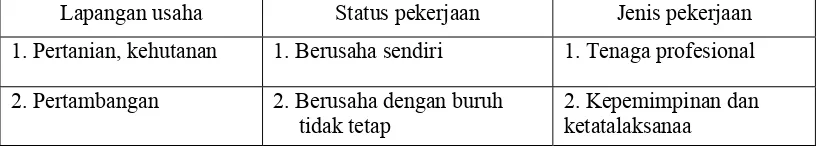 Tabel II. 2. Lapangan Usaha, Status Pekerjaan dan Jenis Pekerjaan 