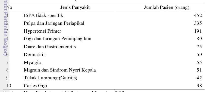 Tabel 10 Jumlah kunjungan pasien dan pola penyakit di Puskesmas  Wisma Jaya  