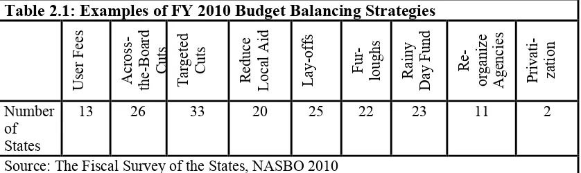 Table 2.1: Examples of FY 2010 Budget Balancing Strategies 